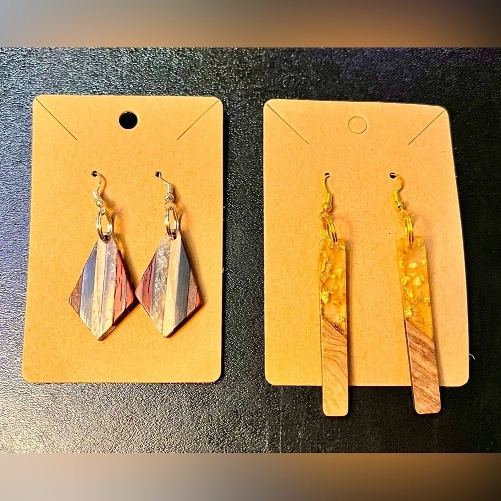 Handmade Resin Earrings Wood Tone with either sparkling silver or gold Silicone